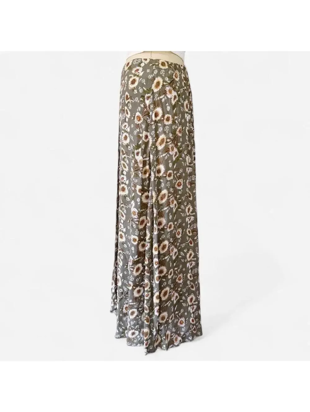 Vtg 90s Fashion Spy Olive Sage Sunflower Floral Maxi Skirt Size S Boho Indie